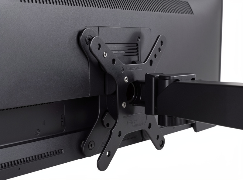 Wide ultrawide monitor mounted on a heavy-duty arm showing the wide VESA bracket