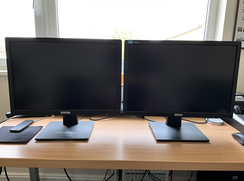 Two standard monitors side by side with a visible center bezel seam