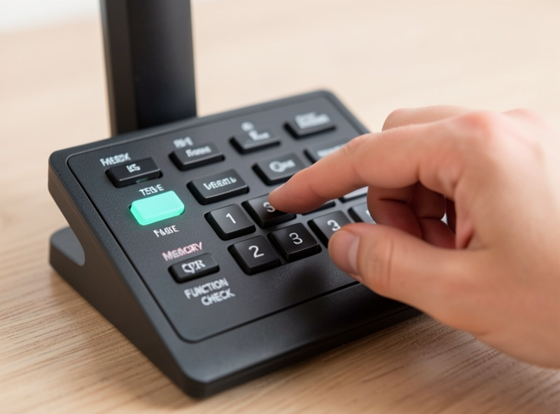 A hand pressing buttons on a standing desk controller keypad to test the memory presets