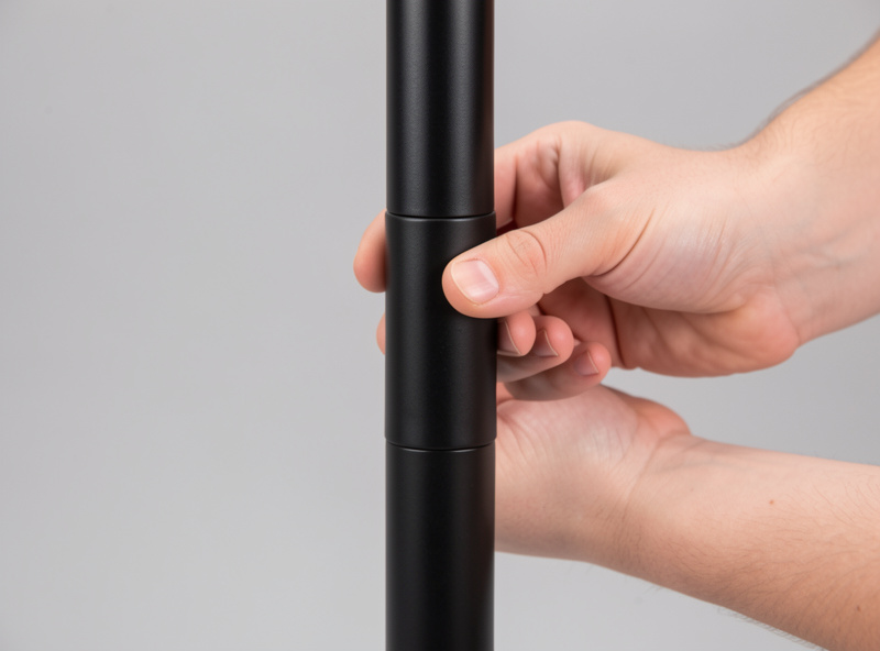 Hands checking for play by wiggling the telescoping section of a standing desk leg