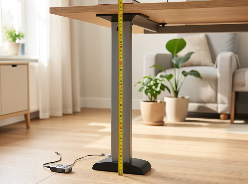 A measuring tape extended against a raised standing desk leg to check its maximum height