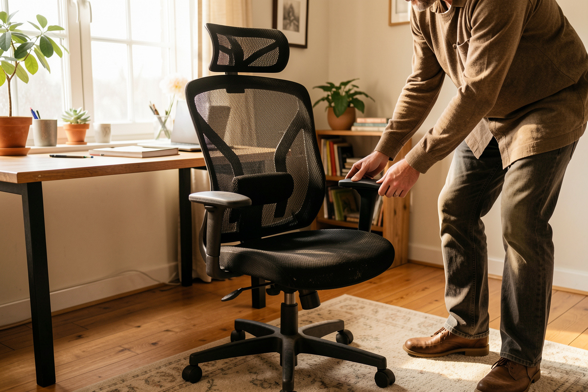 Inspecting a used premium ergonomic office chair before buying