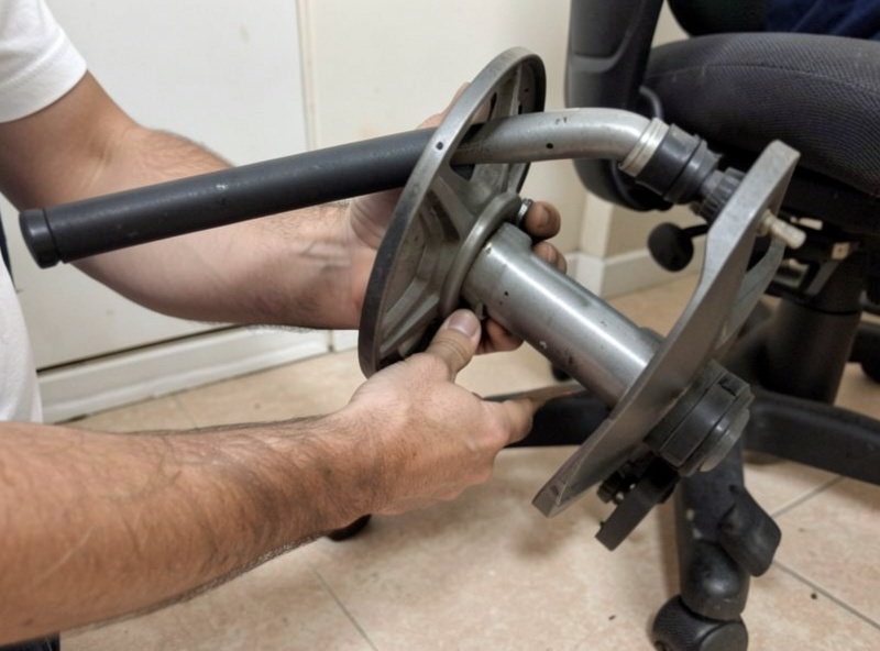Inspecting the gas cylinder and base of a used premium office chair before buying
