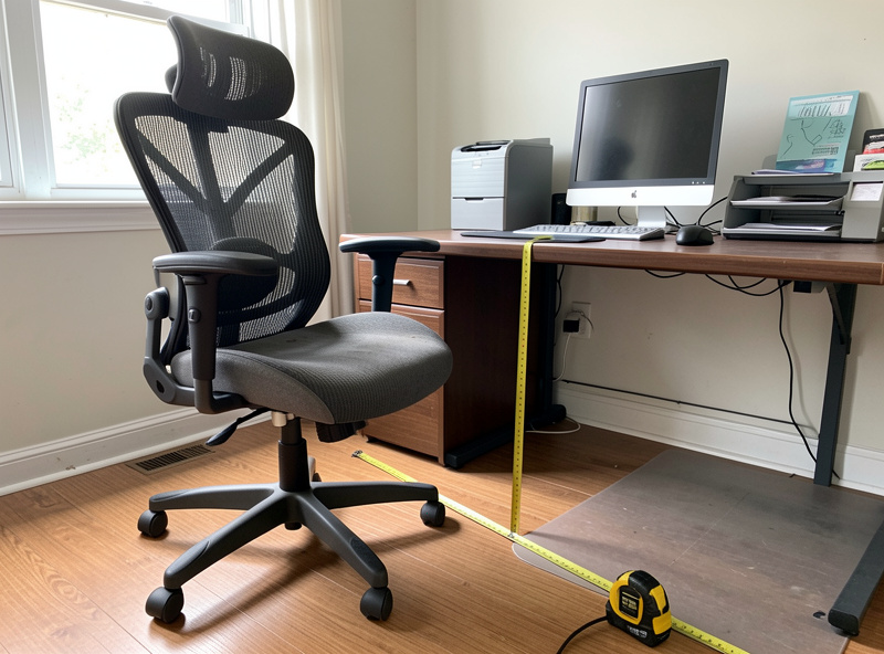A used premium ergonomic office chair being measured and inspected in a home office before purchase