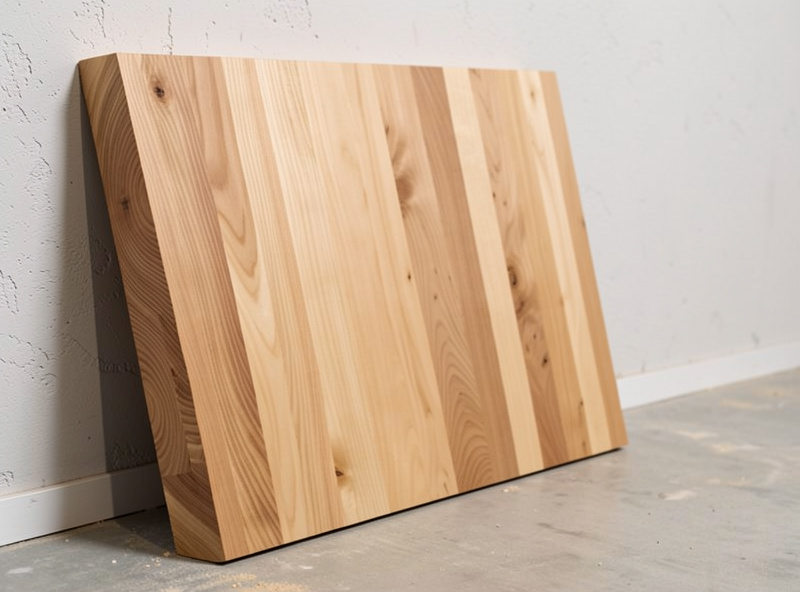 A thick solid wood butcher block desktop slab leaning against a wall before installation