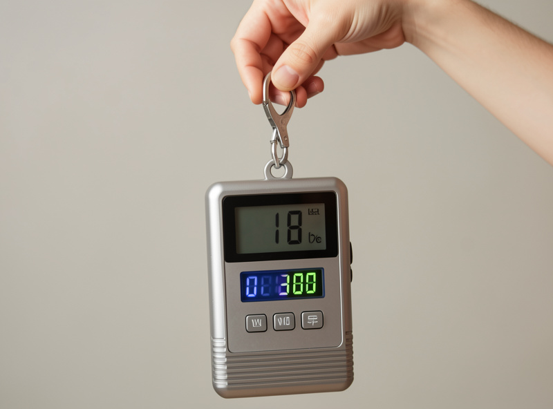 A hanging digital luggage scale weighing a heavy monitor