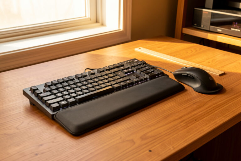 Keyboard with a firm palm rest and a mouse wrist pad on a measured desk in warm light