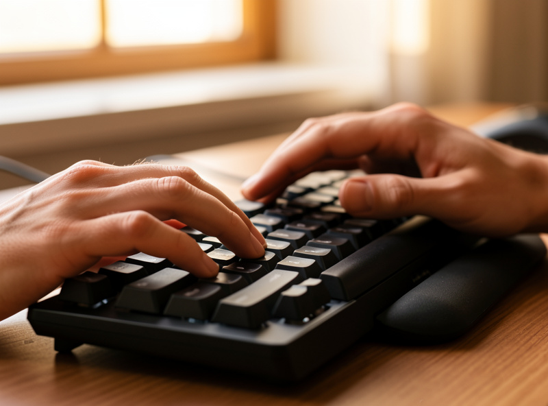 Relaxed hands resting at a mechanical keyboard with a low firm palm rest in warm light