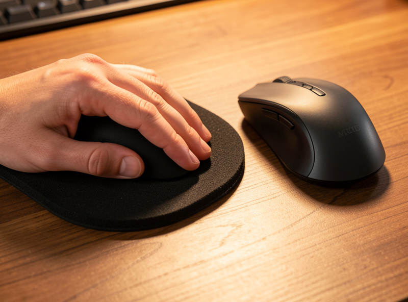 Hand resting on a memory foam mouse wrist pad beside an ergonomic mouse on a wood desk in warm light